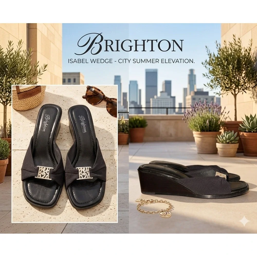 Brighton Isabel Wedge Sandals Black Fabric Ornate Slide Mules Women's Size 7.5